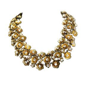 Necklace Gold Tone Floral Rhinestone Triple Stand Hollywood Glam Regency Adjusts